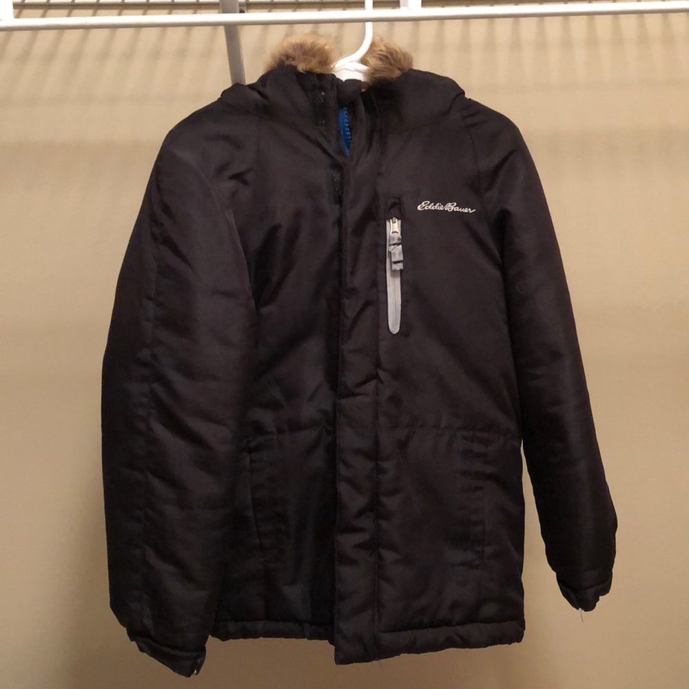Eddie Bauer Lined Coat with Hood Faux Fur Trim